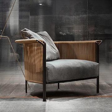 Modern Woven Rattan Outdoor Barrel Chair Armchair with Back Flared Edge in Brown & Gray